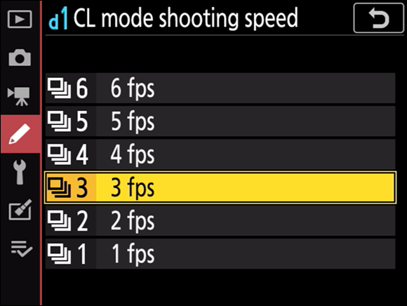 Illustration of the d1 CL Mode Shooting Speed option to press the up arrow to increase the number of frames captured per second in continuous low speed mode.