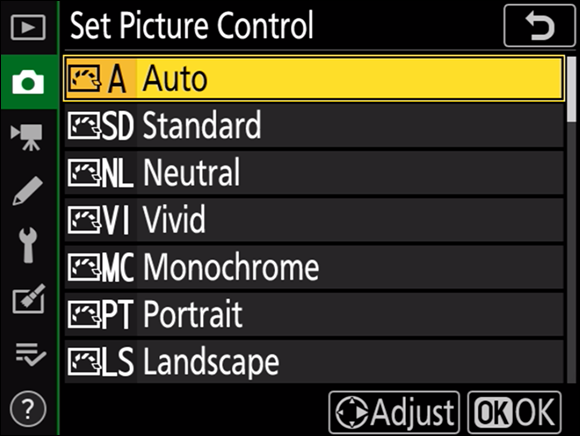 Illustration of the Set Picture Control displaying the various options for setting a picture, highlighting the Auto mode.