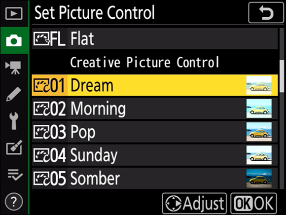 Illustration displaying the Creative Picture Control list to choose a picture to modify.  Here the picture “Dream” has been highlighted.