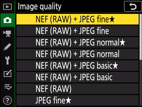 Illustration of the Image Quality command displaying the options on the tilting monitor with the NEF (RAW) + JPEG fine ★ highlighted.