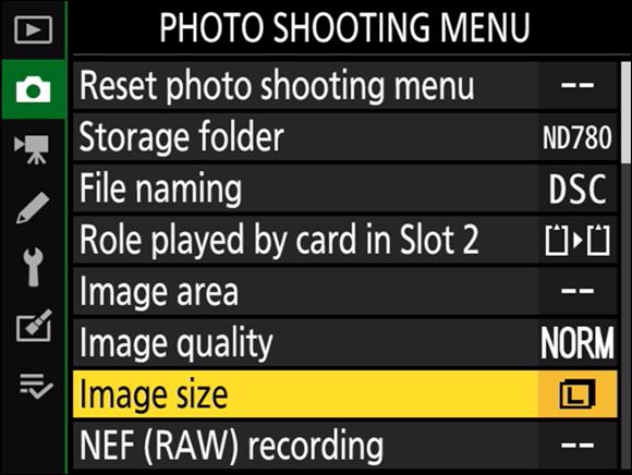Illustration of the Photo Shooting menu displaying the options with the Image Size command highlighted on the multi selector.
