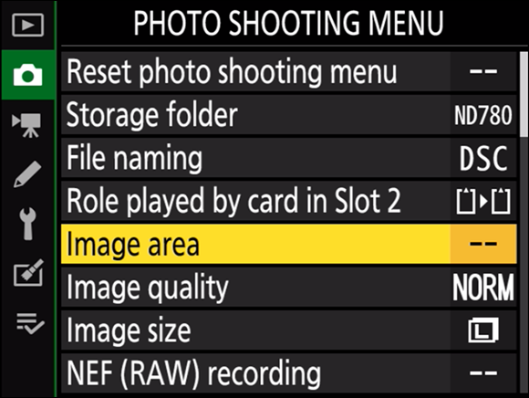 Illustration of the Photo Shooting menu displaying the options with the Image Area highlighted on the multi selector.