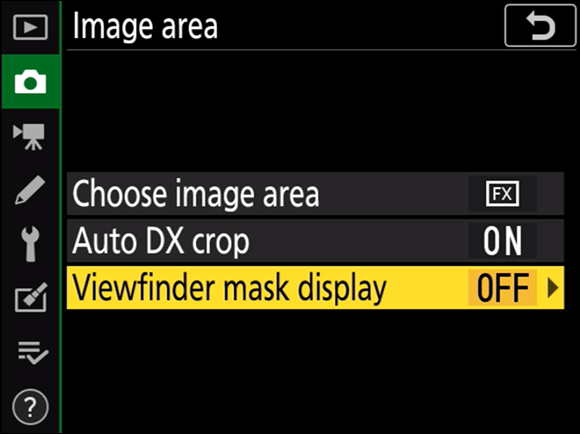 Illustration of the Image Area displaying three options with the Viewfinder Mask Display highlighted, which is in the OFF mode.