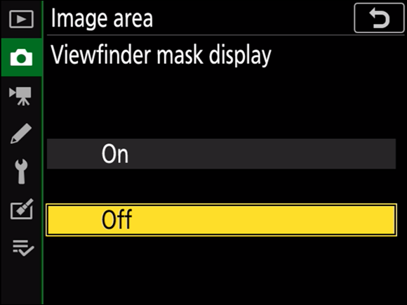 Illustration of the Image Area displaying the On/Off options in the View finder Mask Display option.