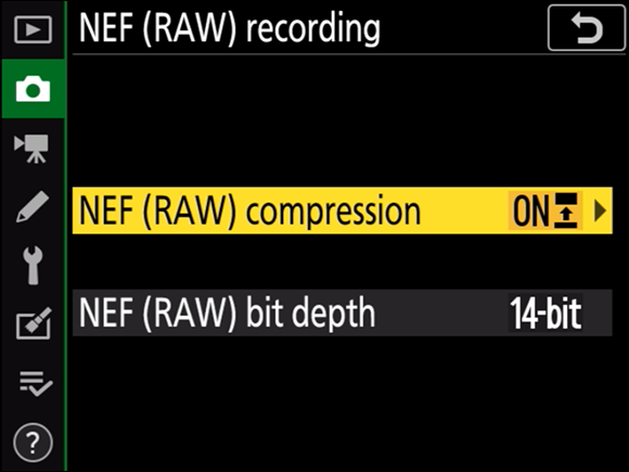 Illustration of the NEF
(RAW) Recording options with the NEF (RAW) Compression
option selected by default.