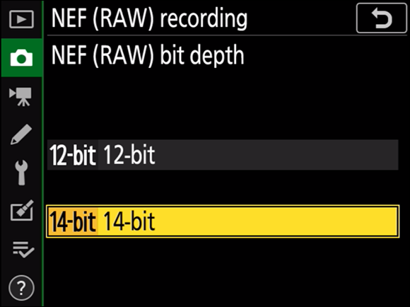 Illustration of the NEF (RAW) bit depth command to choose one of the following options: 12 Bit, where images are captured with a bit depth of 12 bits or 14 Bit, where images are captured with a bit depth of 14 bits.