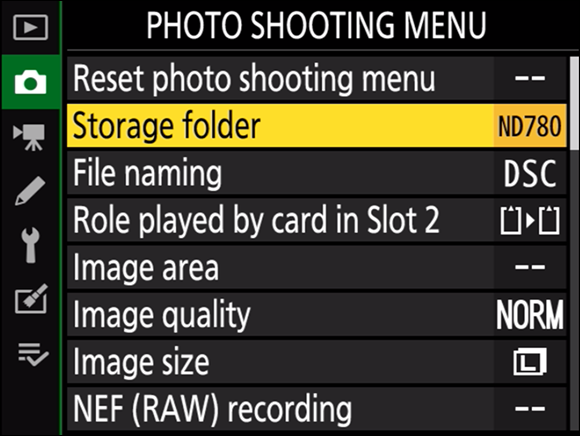 Illustration of the Photo Shooting menu displaying many options with the Storage Folder ND780 option highlighted on the multi selector.