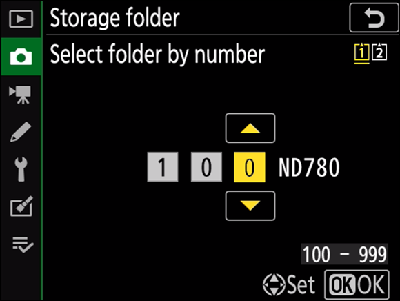Illustration of the Storage Folder command in which the Select Folder by Number screen appears and the number is selected by default.