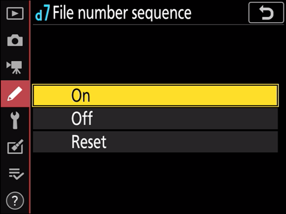 Illustration displaying the File Number Sequence options, to choose the ON mode.