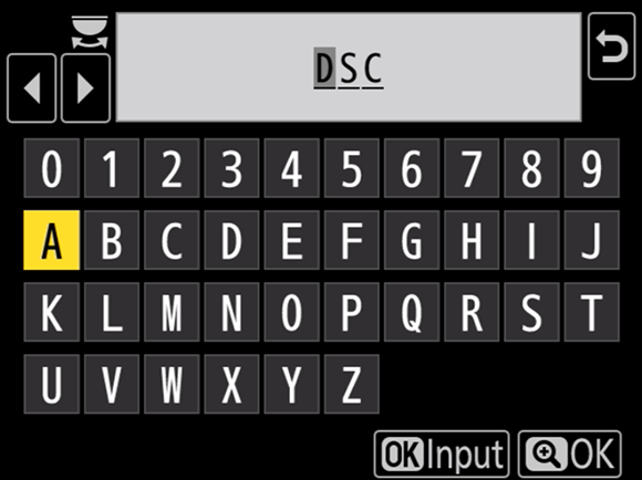 Illustration displaying the camera keyboard to enter a new name for your images.
