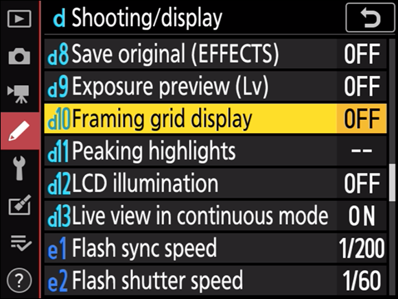 Illustration of the Custom Settings menu to enable the live view framing grid, which is in the OFF mode.