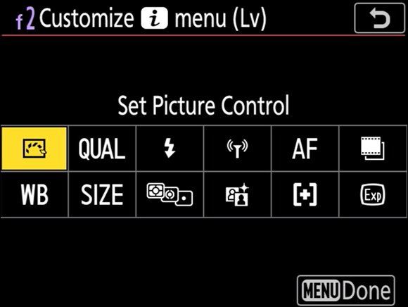 Illustration of the Customize i Menu (Lv) command to set picture control by navigating to the position you want to modify.