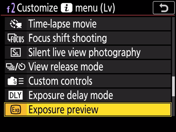 Illustration of the Customize i Menu (Lv) command displaying the available options on the tilting monitor with the Exposure Preview highlighted.