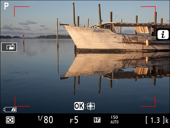Same picture of a boat in a river with a simplified shooting information such as shooting mode, exposure information, battery life, and ISO.
