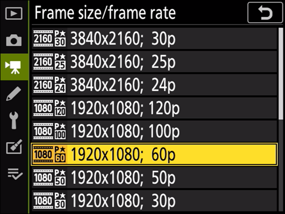 Illustration of the Frame Size/Frame Rate command displaying many options to choose a setting of “1920x1080; 30p” that will yield excellent results.