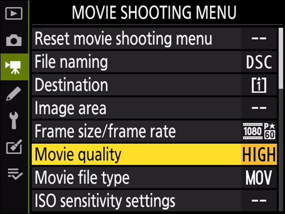 Illustration of the Movie Shooting menu displaying various options with the Movie Quality command highlighted.
