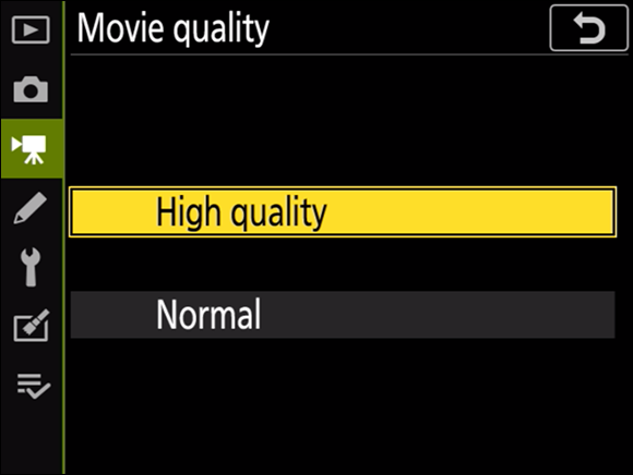 Illustration of the Movie Quality command displaying the options of High Quality and Normal to choose the desired one.