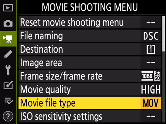 Illustration of the Movie Shooting menu displaying various options with the Movie File Type command highlighted.