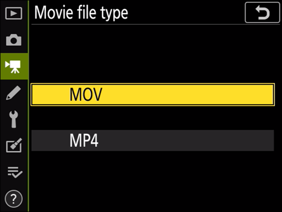 Illustration of the Movie File Type command displaying the file type options of MOV and MP4 to edit a movie or upload the movie to the Internet.