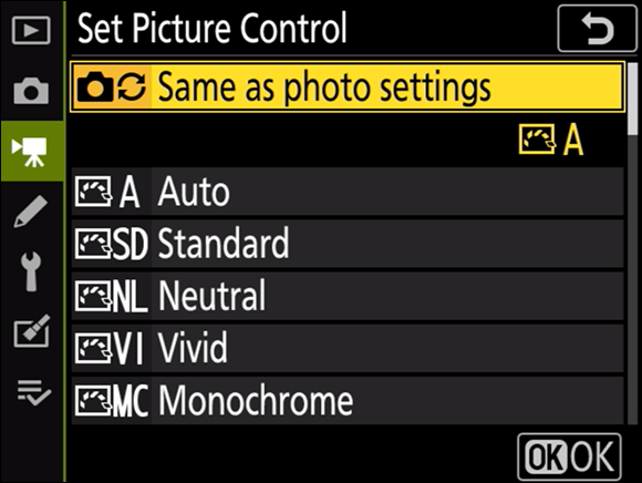 Illustration of the Set Picture Control command displaying many options to select Same as Photo Settings option to create a cool video.