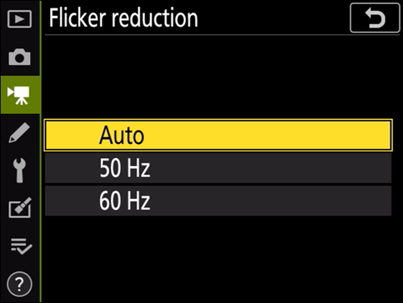 Illustration of the Flicker Reduction command highlighting Auto as the default option..