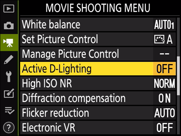 Illustration of the Movie Shooting menu displaying various options with the Active D-Lighting command highlighted and in the OFF mode.