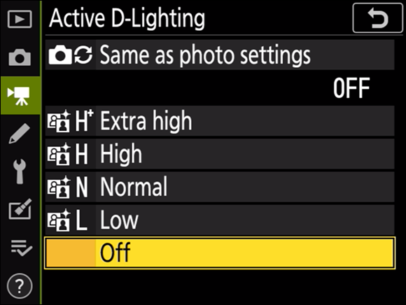 Illustration of the Active D-Lighting command displaying many options to choose Off as the default option.