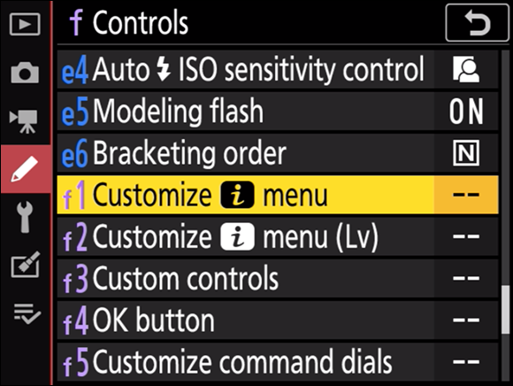Illustration displaying the options of the Custom Settings menu to select f1: Customize i
Menu on the multi selector.
