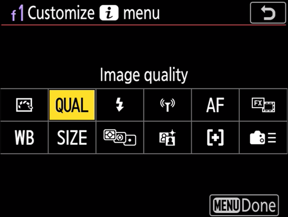 Illustration of the f1: Customize I Menu on the multi selector displaying the i menu icons to choose the image quality.