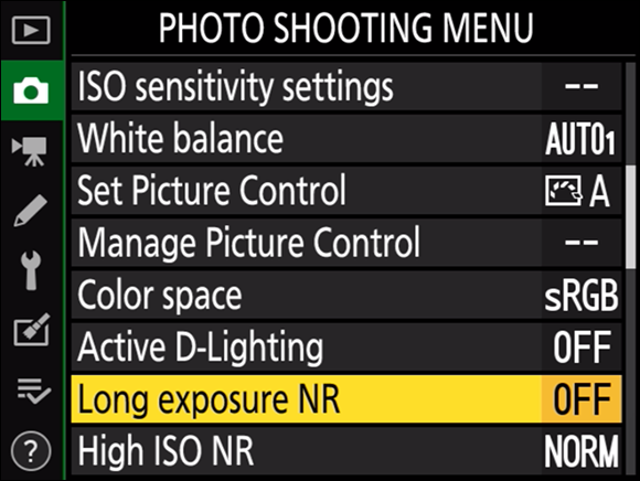 Illustration of the Photo Shooting Menu highlighting the Long Exposure NR command on the multi selector.