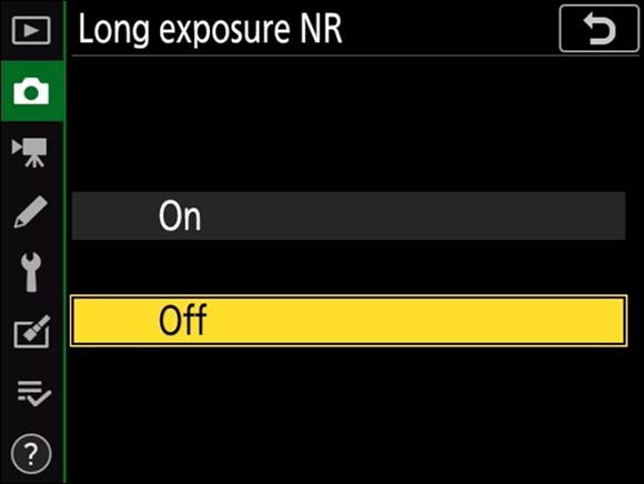 Illustration of the Long Exposure NR command to choose On to enable long-exposure noise reduction.