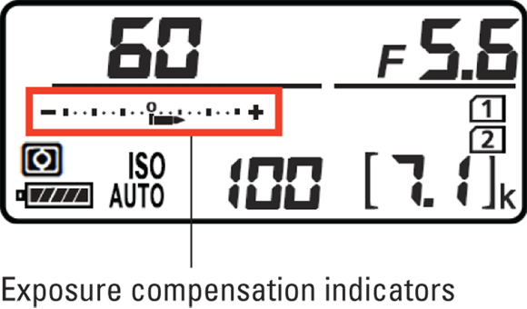 Illustration of the exposure indicator in the viewfinder and on the control panel move, which depicts the amount of
exposure compensation applied.