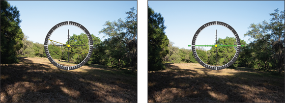 Images for aligning your camera with the virtual horizon. The left image illustrates what the level looks like when the camera is not level and the right image tells you the camera is level.