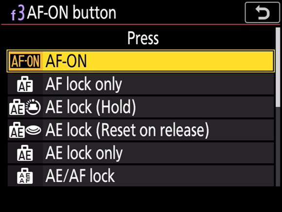 Illustration of the AF-ON options are displayed on your tilting monitor to choose AF-ON for back-button focus.