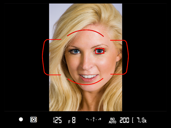 Image of a woman's face on the camera monitor to create a portrait using a single autofocus point and back-button focusing.