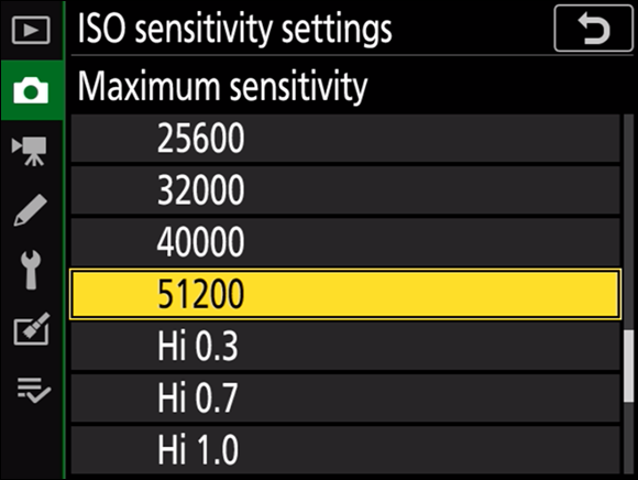 Illustration of the ISO Sensitivity Settings with the maximum sensitivity options displayed on the tilting monitor, and the range 51200 highlighted.