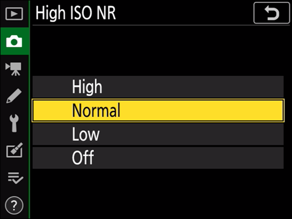 Illustration of the High ISO NR command displaying the options of High, Normal, Low and Off, with the Normal option selected as the default option.