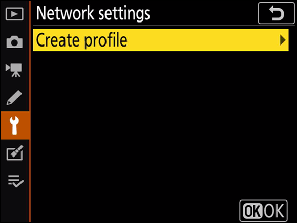 Illustration of the Network Settings command on the tilting monitor to create a profile for the network.