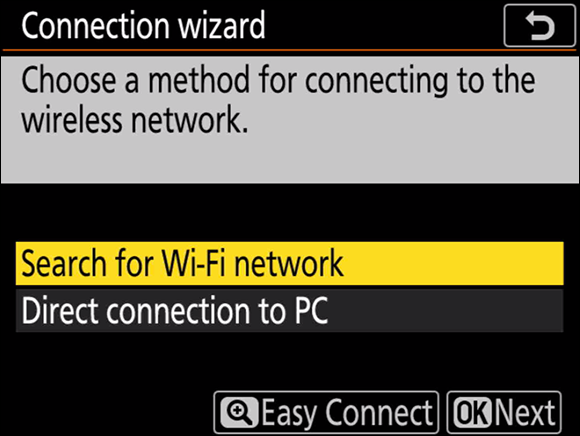 Illustration of the Connection Wizard command to choose a method for connecting to the wireless network.