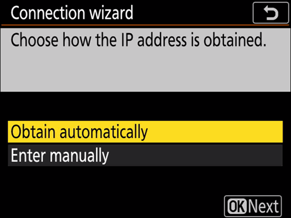Illustration of the Connection Wizard command to obtain an IP address automatically and enter it manually.
