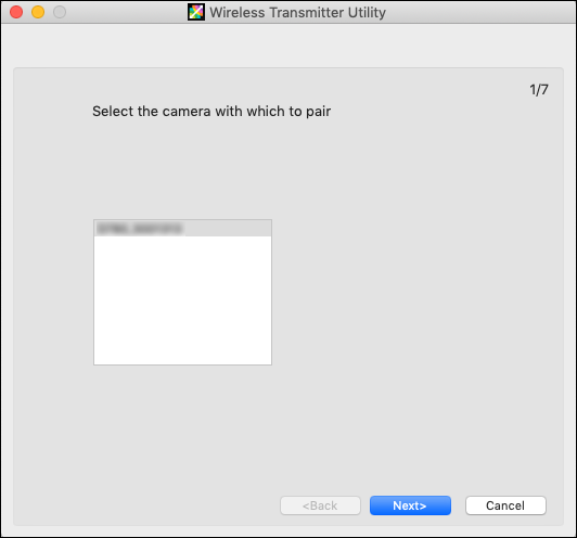 Screenshot of the Wireless Transmitter Utility on a Mac for connecting the camera to the network, after which the camera name will appear in the text box.