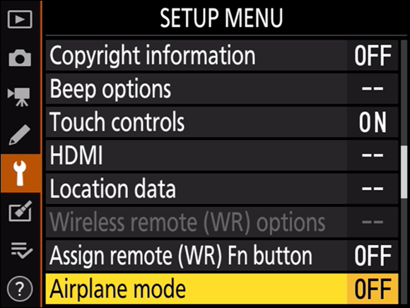 Illustration of the Setup Menu on the multi selector highlighting the Airplane Mode command, which is in the OFF mode.