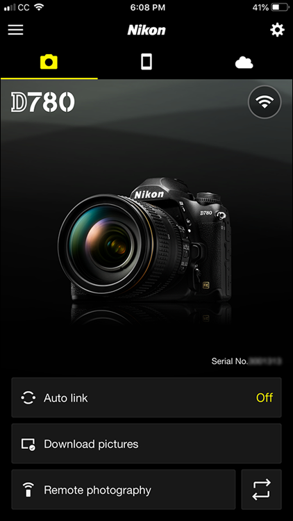 Illustration of the Nikon D780 SnapBridge app, after you pair the device with the camera, and you are ready to start using SnapBridge.