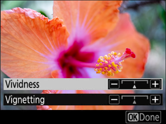Image of a hibiscus flower after  adjusting the vividness option displayed on the tilting monitor, to make the image more vivid.