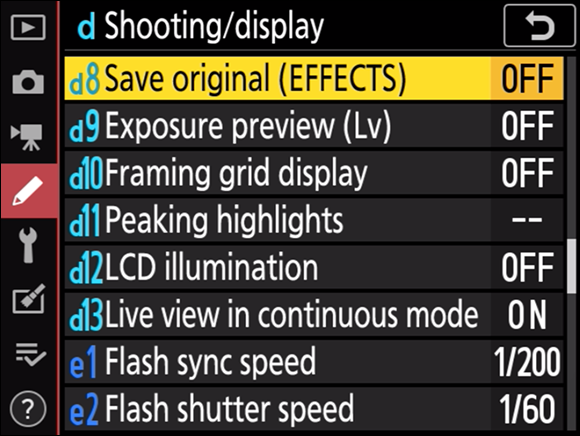Illustration of the Custom Settings menu highlighting the d8: Save Original (EFFECTS) command, which is in the OFF mode.