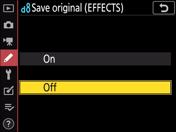 Illustration of the Custom Settings menu highlighting the d8 Save Original (EFFECTS) command, in the OFF mode, appearing on the tilting monitor.