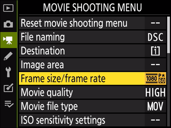 Illustration of the Movie Shooting Menu displaying a list of options with the Frame Size/Frame Rate command highlighted.