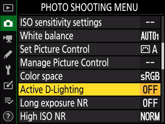 Illustration of the Photo Shooting Menu highlighting the Active D-Lighting command, which is in the OFF mode.