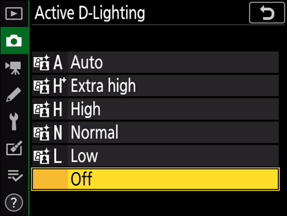 Illustration of the Active D-Lighting command, which is in the OFF mode, on the multi selector mode.