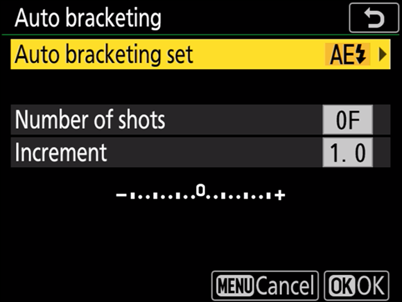 Illustration of the Auto Bracketing command highlighting the Auto Bracketing Set options that appear on the tilting monitor.